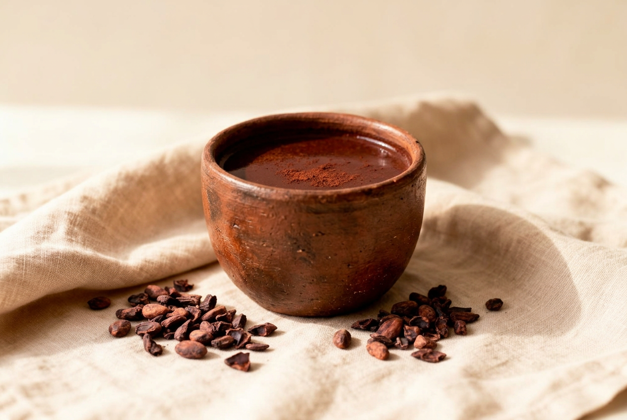 Warm ceremonial cacao in a handmade ceramic mug on linen