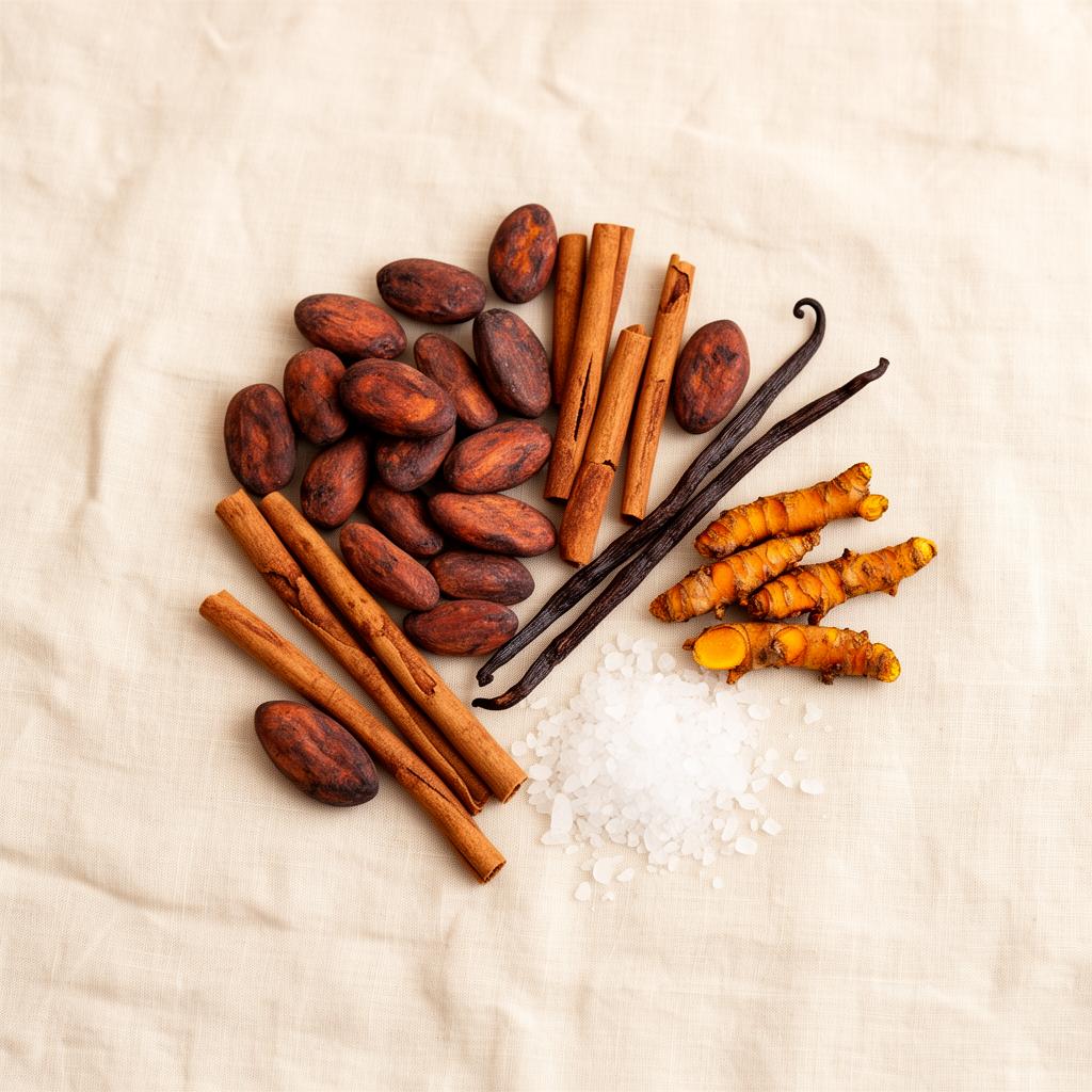Raw cacao beans, cinnamon, vanilla, turmeric and sea salt on linen