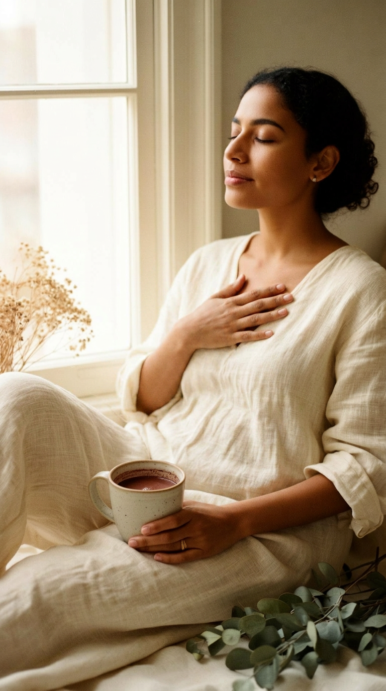 A woman resting peacefully by a window with a mug of cacao, hand on her abdomen